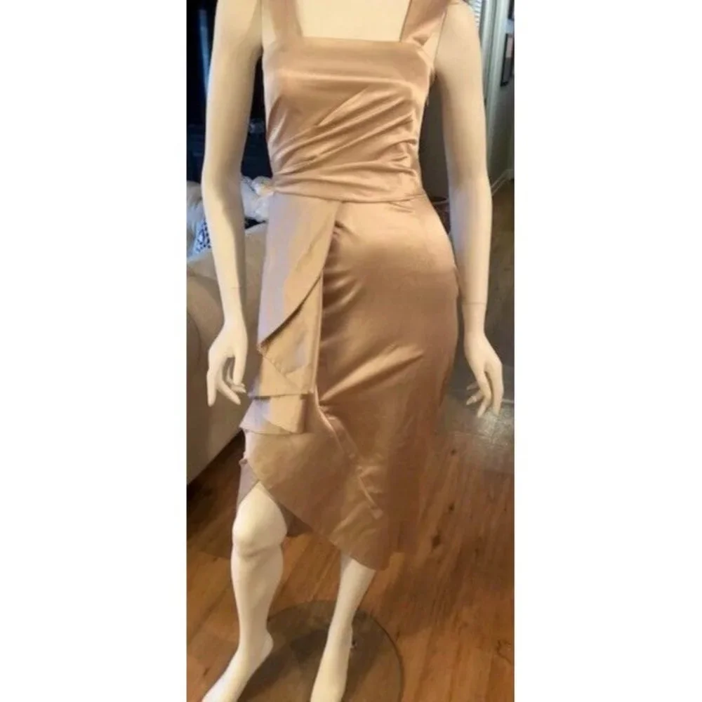 NWT $1K TEMPERLEY LONDON CHAMPANGE COLOR ASYMMETRICAL PLEATED DRESS SZ US 4 UK 8 - Picture 3 of 10